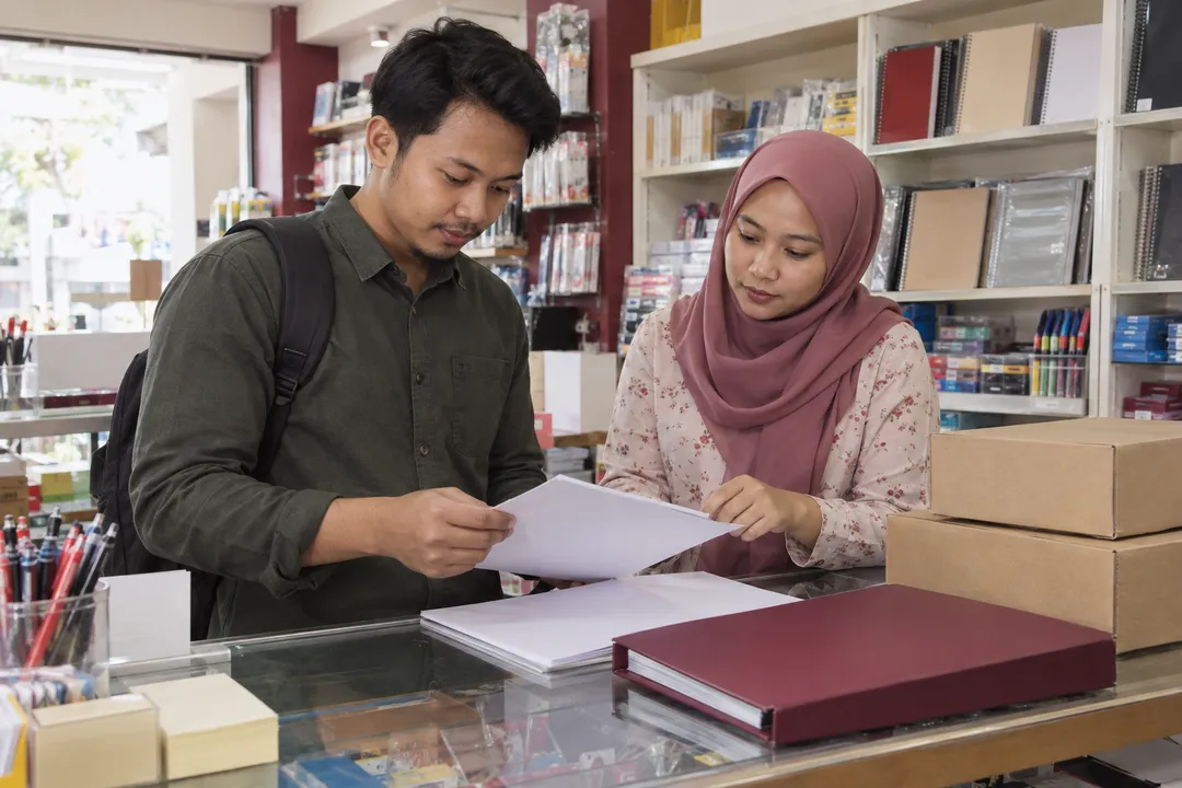 Ilustrasi persediaan pelanggan: Dua pelanggan menyemak kertas kosong di kaunter alat tulis dengan folder merah gelap dan kotak.